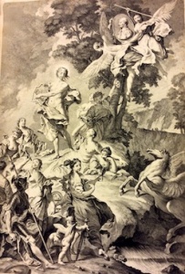 In Greek mythology, the Nine Muses, daughters of Zeus and Mmenosyne (Memory: make a note of this for later!), protected the Arts and Sciences. In this 1745 illustration of  Jerusalem Delivered by Giambattista Piazzetta, you can see the Muses on Mt Helicon, their residence, while two winged figures are carrying a cameo with Torquato Tasso's portrait.   Sp Coll Hunterian Cd.2.1., Special Collections, University of Glasgow Library.